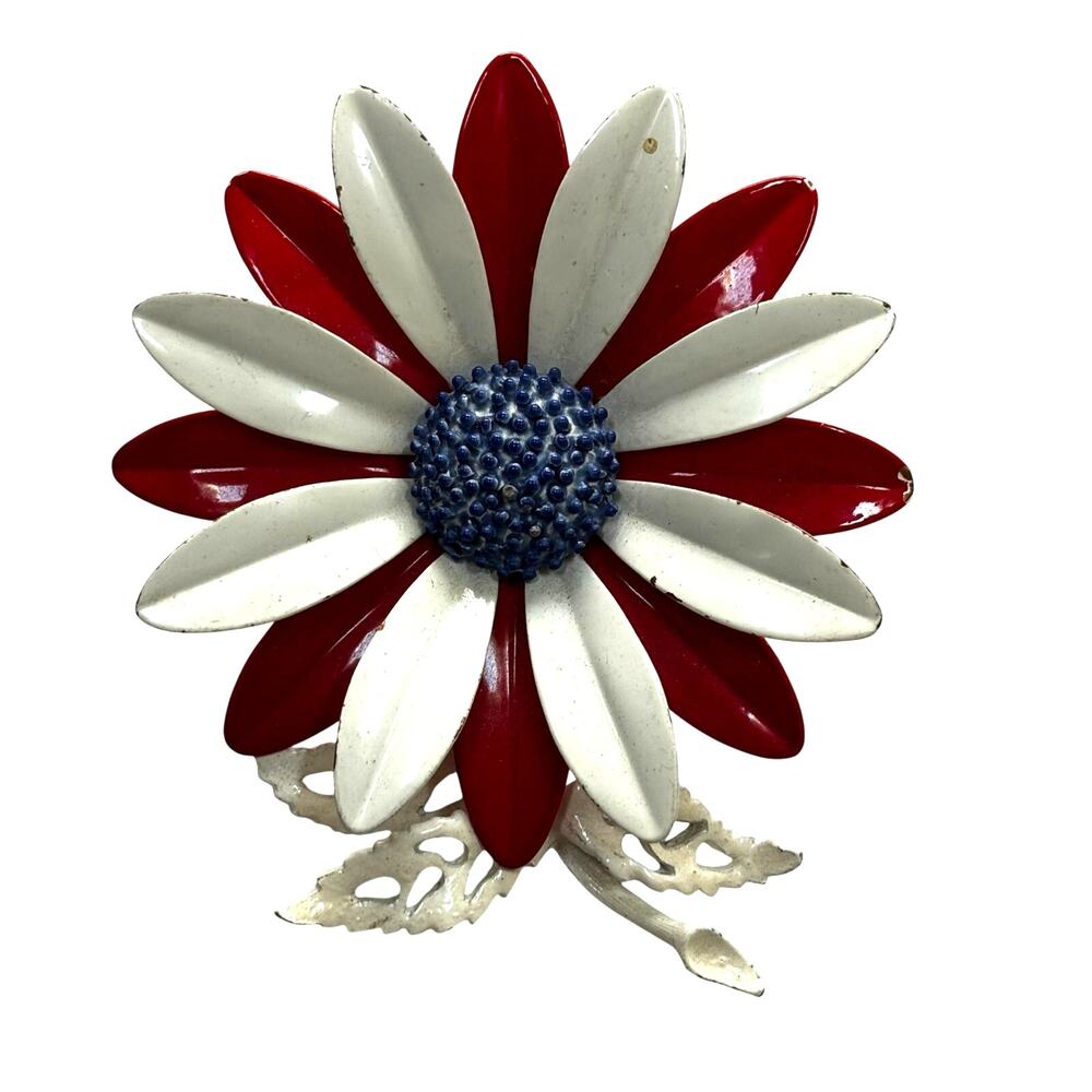 Vintage flower power enamel brooch patriotic red white & blue 60's mod jewelry